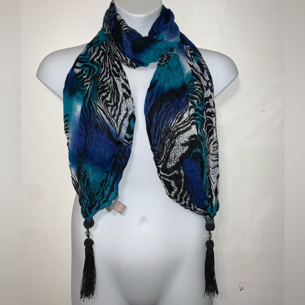 Chico's Scarf Blue Black Print Tassels